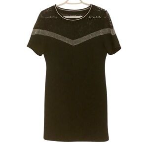 SANDRA VENDITTI BLACK & METALLIC SILVER/ LACE SHORT SLEEVE MIDI DRESS/ Size M